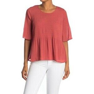 Pleione Smocked Babydoll Blouse Size L Short Sleeve Top Terracotta NEW Tag B51